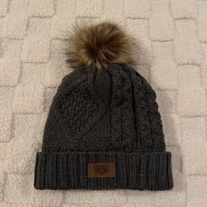 Angela & William Dark Gray Cable Knit Beanie with Brown Faux Fur Pom, Adult OS